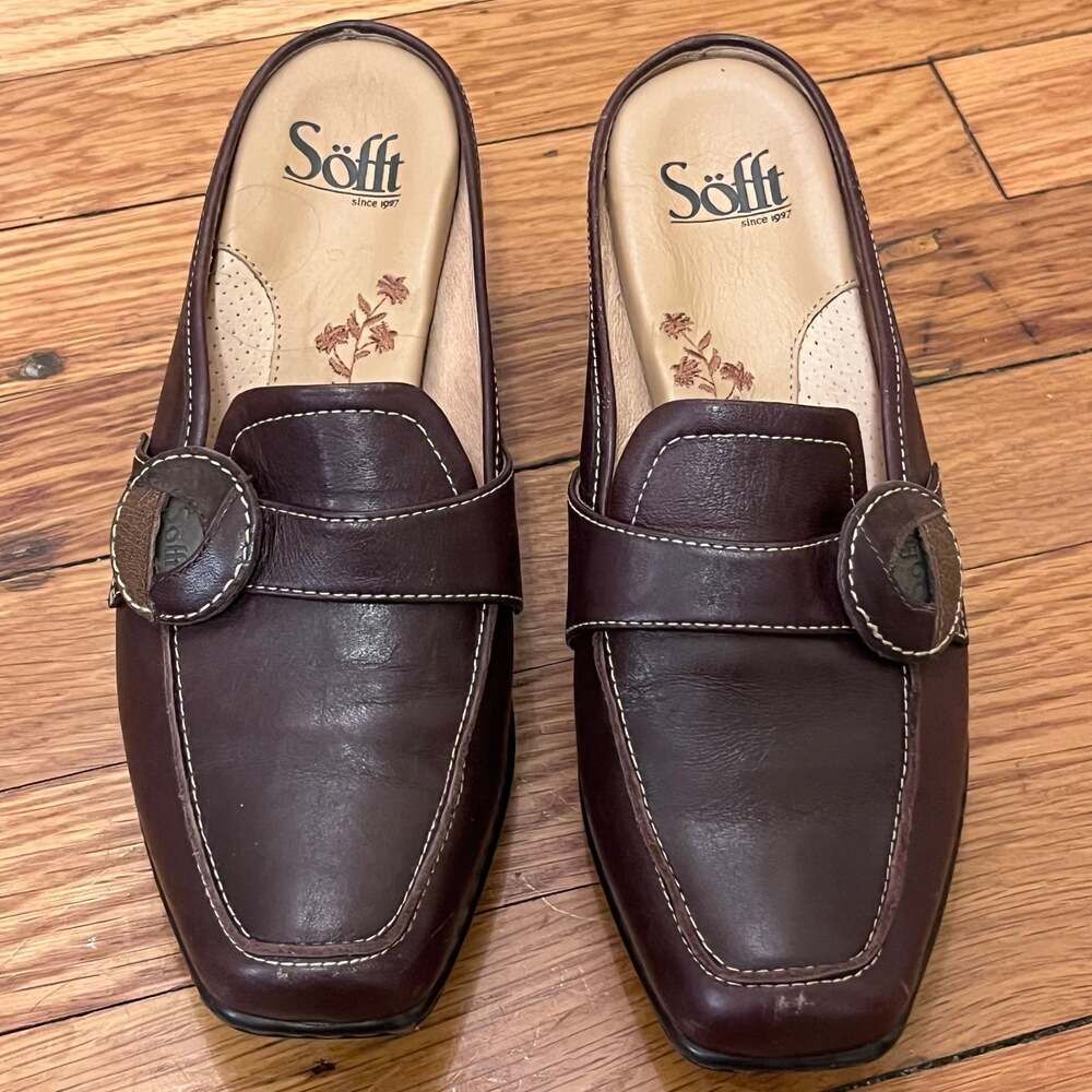 Söfft Women's Leather Loafer Mules with Buckle Detail in Cordovan Brown Size 7.